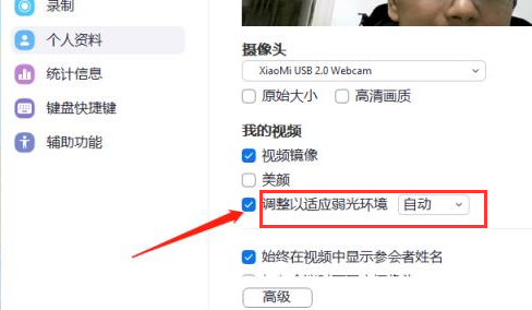 Zoom怎么设置自适应弱光环境模式