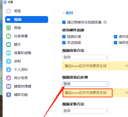 Zoom如何禁用视频渲染后处理